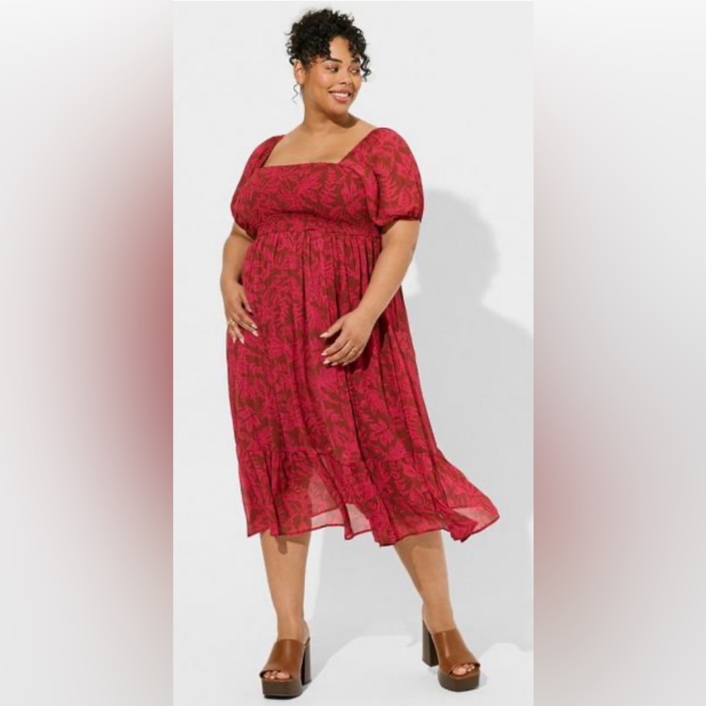 Torrid tea length smocked bodice Aline dress leaves burgundy Size: 2X